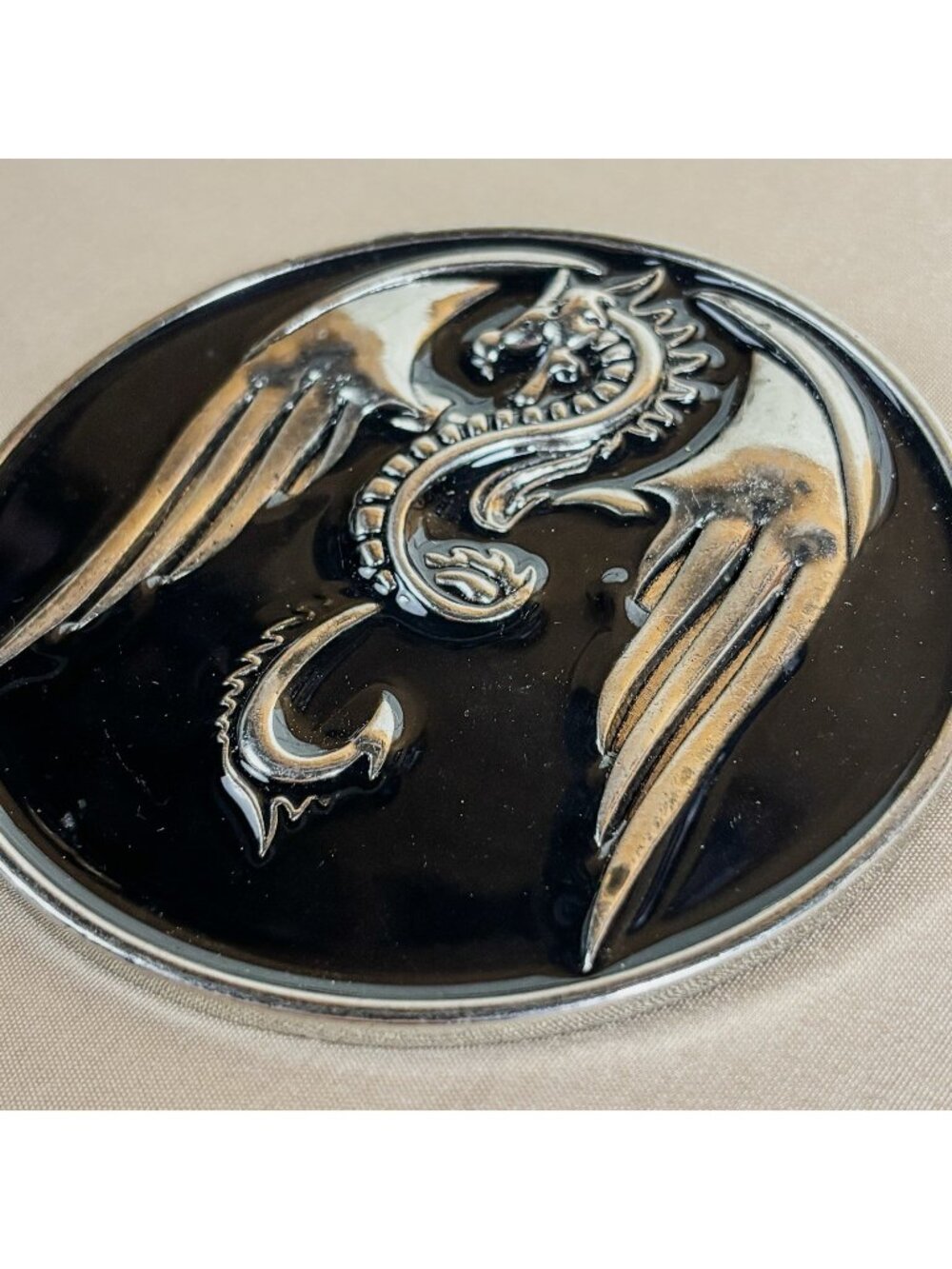 Large Vintage Dragon Brooch Black Enamel Silver Tone 4” x 4” Statement Pin C70